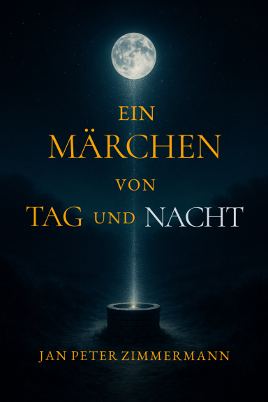 Buchcover Ein Märchen von Tag und Nacht von Jan Peter Zimmermann © Jan Peter Zimmermann Buchcover mit hellem Vollmond am oberen Bildende, der einen Lichtstrahl in einen einfach Brunnen wirft.