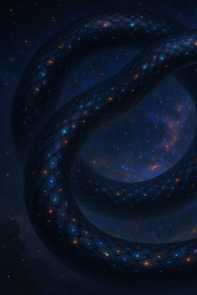 Kosmische Schlange © Jan Peter Zimmermann Eine riesige kosmische Schlange im Weltall, mit hellen Lichtern auf den Schuppen.