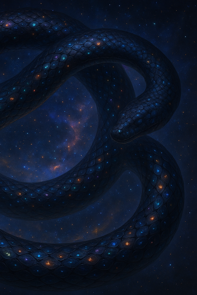 Kosmische Schlange © Jan Peter Zimmermann Eine riesige kosmische Schlange im Weltall, mit hellen Lichtern auf den Schuppen.